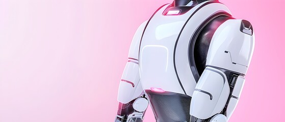 A robot is standing in front of a pink background