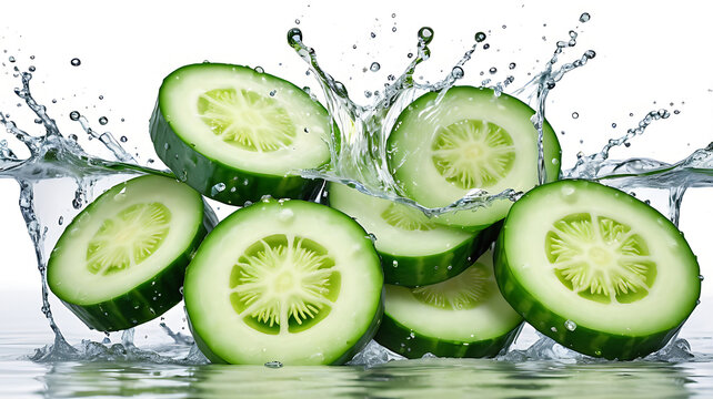 Fresh green cucumbers fruits cut into slices splashing in clean water against on a white background.