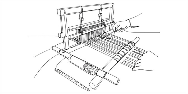 Traditional Weaving Demonstration Local artisans demonstrating traditional weaving techniques at a cultural heritage center, continuous single one line art hand drawing sketch white background