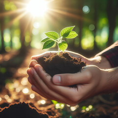 Hands holding a small growing plant with care