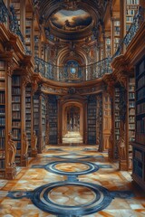 Obraz premium Grand library with ornate architectural details and many books on wooden shelves