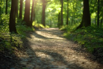 Fototapeta premium Forest trail with dappled sunlight and copy space