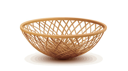 A high-angle, full shot of a shallow, wide, light brown woven basket bowl. The bowl is empty and sits on a white background, casting a subtle shadow. The weave pattern is visible and consists of