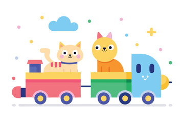 Fototapeta premium Cartoon Train with Cats Illustration, Colorful, Playful, Isolated on White