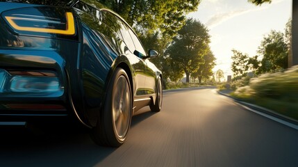 Fototapeta premium Luxury Car Drive on Sunny Road, Scenic Sunset