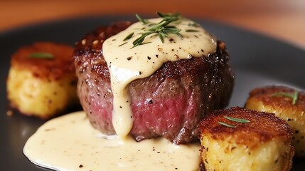 Filet mignon plated with a creamy tarragon-infused hollandaise sauce and crispy potato croquettes high-end gourmet experience