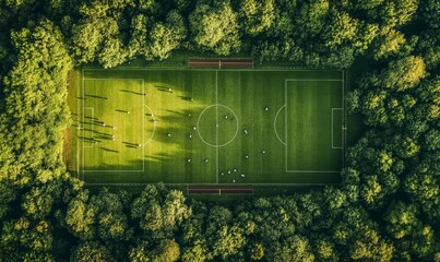 Aerial View of Soccer Field Surrounded by Lush Forest
