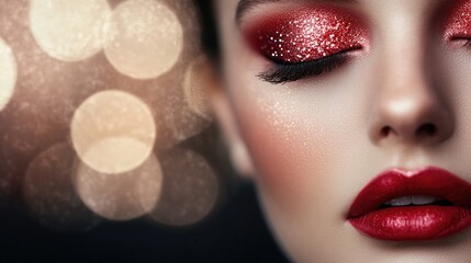 Fototapeta premium Close-up of a Woman's Face with Sparkling Red Glitter Makeup
