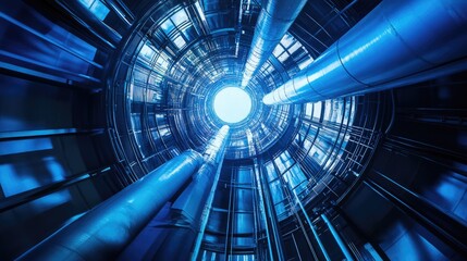 Blue Steel Pipes in a Circular Industrial Tunnel