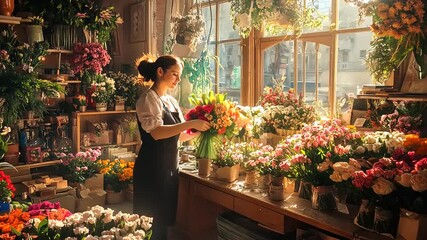A florist arranging vibrant bouquets in a sunlit flower shop filled with colorful blooms