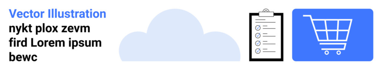 Cloud icon, checklist on clipboard, and shopping cart symbolizing digital services. Ideal for technology, e-commerce, task management, organization, online services, productivity simple landing page