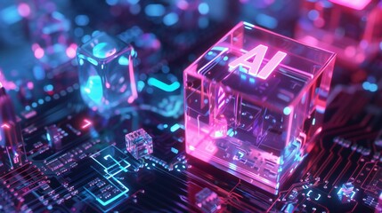 The glowing AI core pulses with vibrant energy, a futuristic symbol of technological innovation and potential, set against a backdrop of intricate circuit boards in neon pink and blue hues.