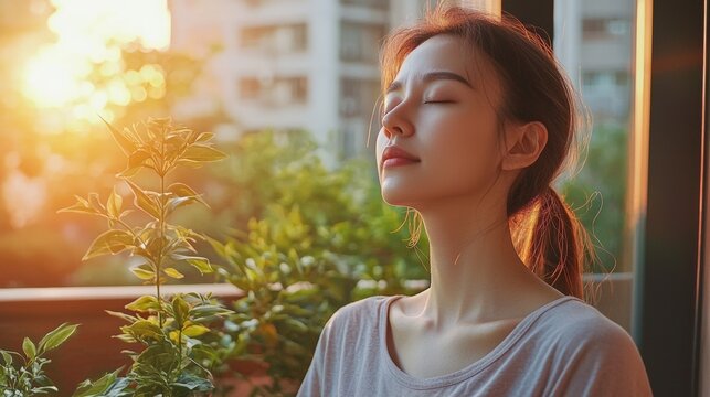 a woman closing her eyes and taking a deep breath. 