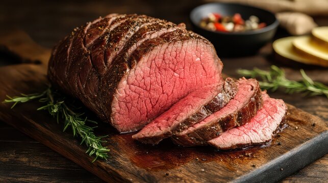 A round of roast beef sliced into pieces that highlight the soft, tender texture, with each piece dripping with juice.