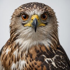 "Close-up portrait of a hawk staring directly at the viewer, piercing eyes, highly detailed plumage, ultra-sharp realism, white background."