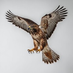 "A hawk swooping down with its talons extended, ready to grab prey, dynamic motion, photorealistic rendering, white background."