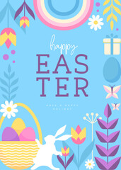 Obraz premium Holiday flat Easter poster with rabbit, Easter eggs, willow branch, rainbow and flowers. Vector illustration