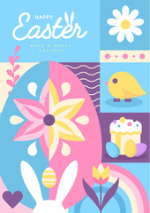 Holiday flat Easter poster with rabbit, Easter eggs, willow branch, chicken and flowers. Vector illustration