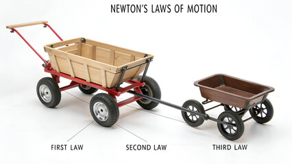This image presents a visual demonstration of Newton's Laws of Motion using two wagons.