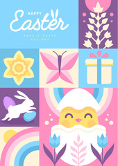 Holiday flat Easter poster with rabbit, Easter eggs, willow branch, chicken and flowers. Vector illustration