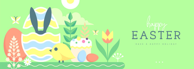 Naklejka premium Holiday flat Easter poster or banner with rabbit, Easter eggs, willow branch, chicken and flowers. Vector illustration