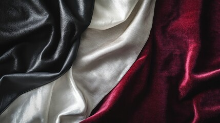 Fototapeta premium Luxurious fabric textures featuring black, white, and red velvet and satin