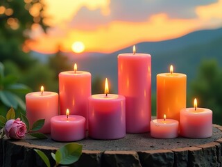 Burning candle close-up. Candles, making candles with your own hands. Wax candles, paraffin candles, interior decor. Concept of warmth and comfort, as the candle's light illuminates and creates a cozy