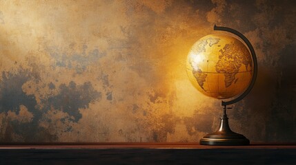 World Globe Displayed on Wooden Shelf Against an Aged Wall Backdrop