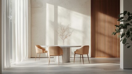 Fototapeta premium a modern dining room with a white table and chairs 