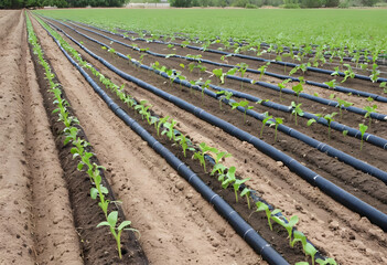 A newly planted field with drip irrigation tubes running across, providing water to the seedlings, ensuring efficient water use for healthy plant growth.