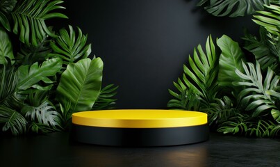 Modern round pedestal with yellow top and black base surrounded by lush green tropical leaves creating a vibrant and natural display setting for product showcases