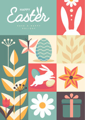 Holiday flat Easter poster with rabbit, Easter eggs, willow branch and flowers. Vector illustration