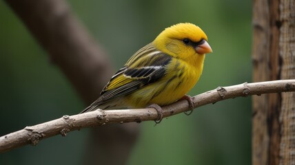 Fototapeta premium A vibrant yellow bird perched on a branch, showcasing its plumage against a lush, blurry background