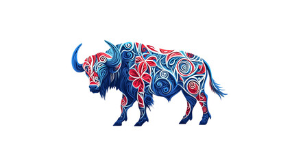 Ornate Blue and Red Floral Buffalo Illustration