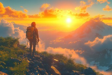Obraz premium Hiker watches sunrise from grassy peak, with snow-capped mountains below