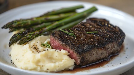 Pepper-crusted steak cooked medium-rare and plated with creamy mashed potatoes and grilled asparagus