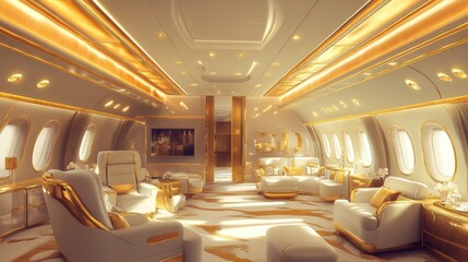 Fototapeta premium Opulent Luxury Private Jet Interior Design: Gold Accents and Plush Seating