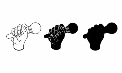 vector illustration of a hand gripping a microphone in three styles: outline, solid black, and shaded. Perfect for podcast, music, or broadcasting designs