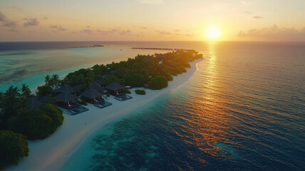 Aerial Drone View of Tropical Paradise at Sunset
