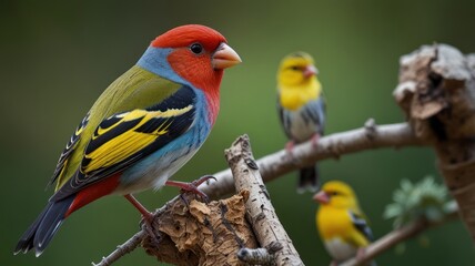 Fototapeta premium A bird perched on a branch stands out in vivid color against a soft, natural background
