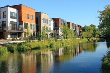 Obraz premium Modern apartment complex on the waterfront of a river at daytime