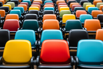 Fototapeta premium Vintage Classroom with Colorful Wooden Chairs in Perfectly Aligned Arrangement for Learning Environments