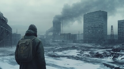 Man Exploring Post Apocalyptic City Ruins with Smoke and Snow