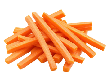 This close-up image captures a pile of finely grated carrots next to a metal grater, highlighting the texture and vivid color on a smooth white background.