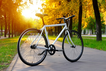 Fototapeta premium Vintage 90s Bicycle in a Scenic Park During Sunset with Golden Autumn Foliage Surrounding