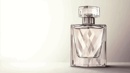 Close-up shot of a rectangular, transparent glass perfume bottle with a faceted design. The bottle has a clear, crystalline cap. The background is a soft, off-white color with subtle light