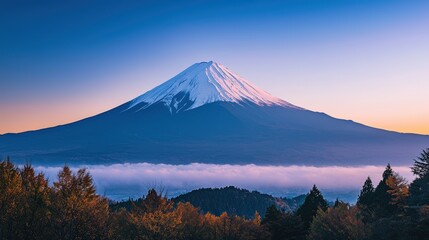 Fototapeta premium a beautiful Mount Fuji and the surrounding forest at sunrise 