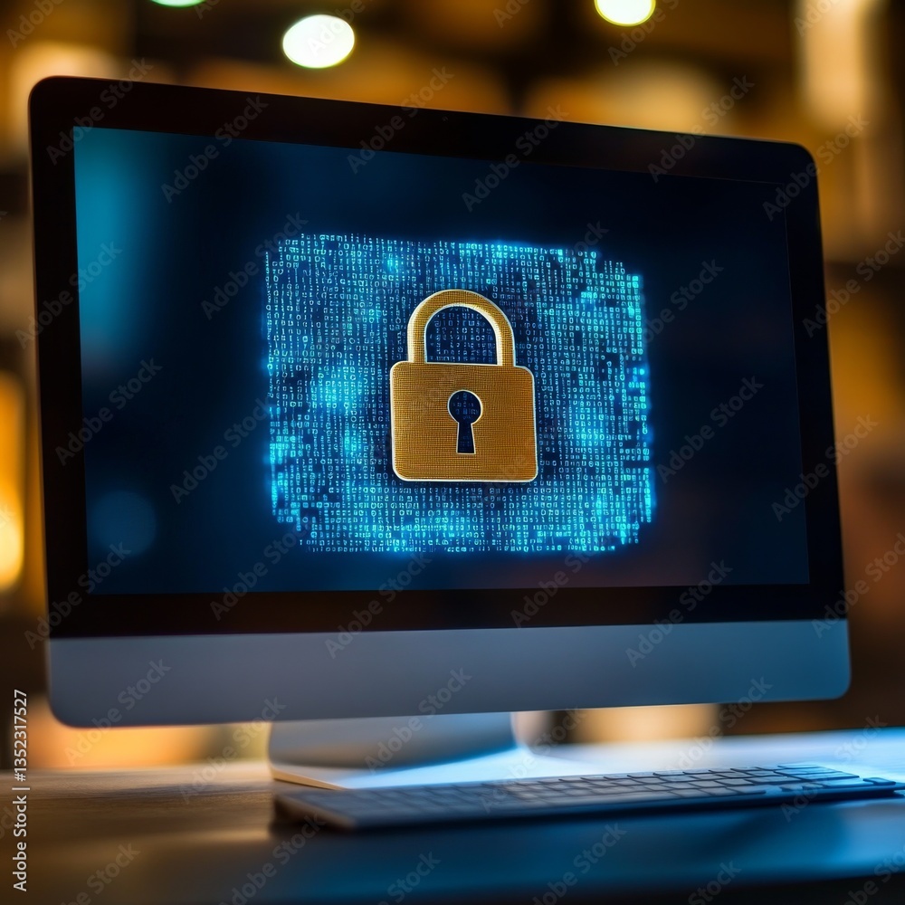 Aufkleber Secure Data on Computer: Golden Padlock Over Binary Code for Cyber Security and Digital Safety.
