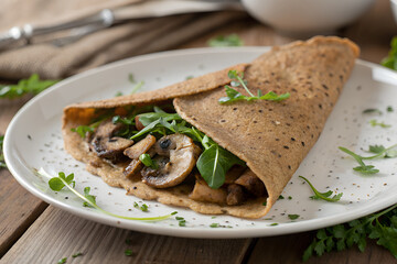 Mushroom crepe served on a plate sprinkled with chopped herbs, vegetarian snack or light meal.