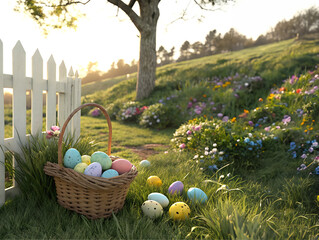 Basket full of Easter eggs tumbling across the grass.